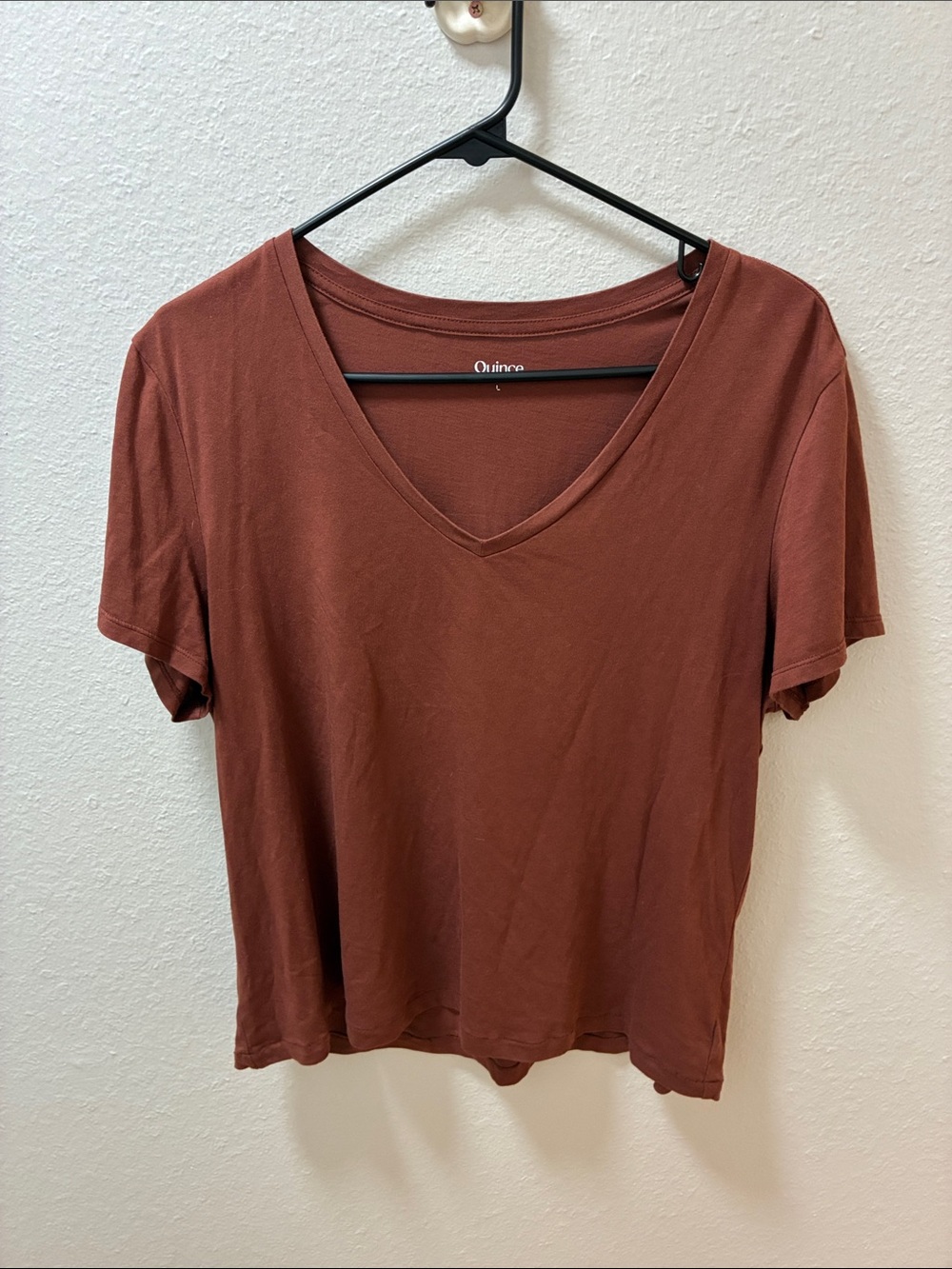 Quince Women's Short Sleeve V-Neck Top in Rust Brown